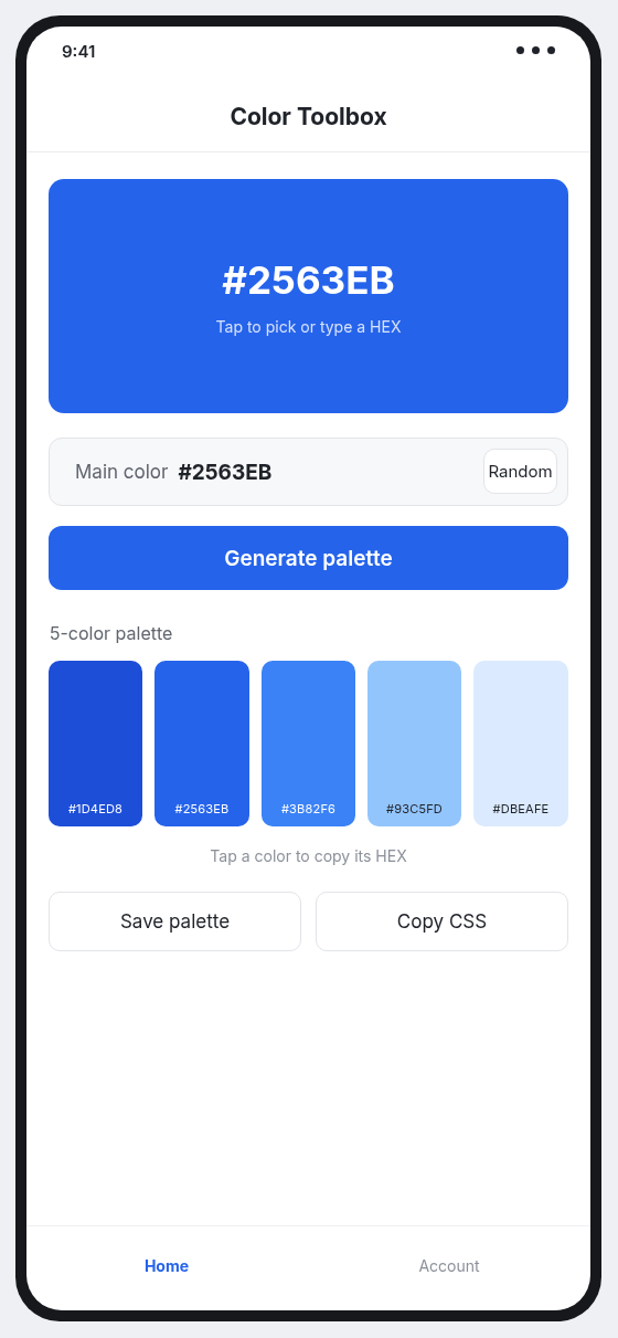 Color Toolbox mobile app interface on Android